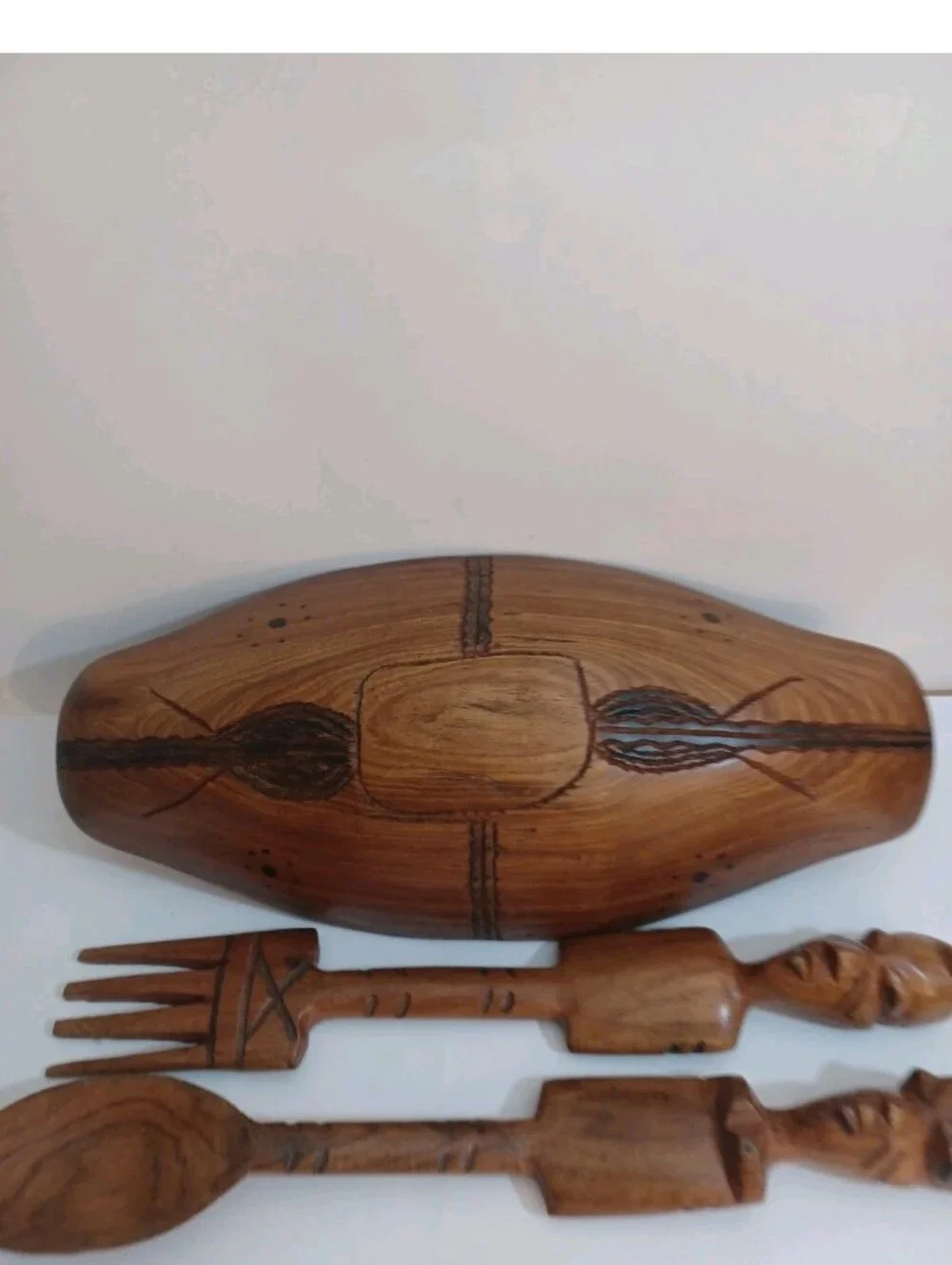 Hand-Carved Wooden Salad Bowl Set in Natural Brown